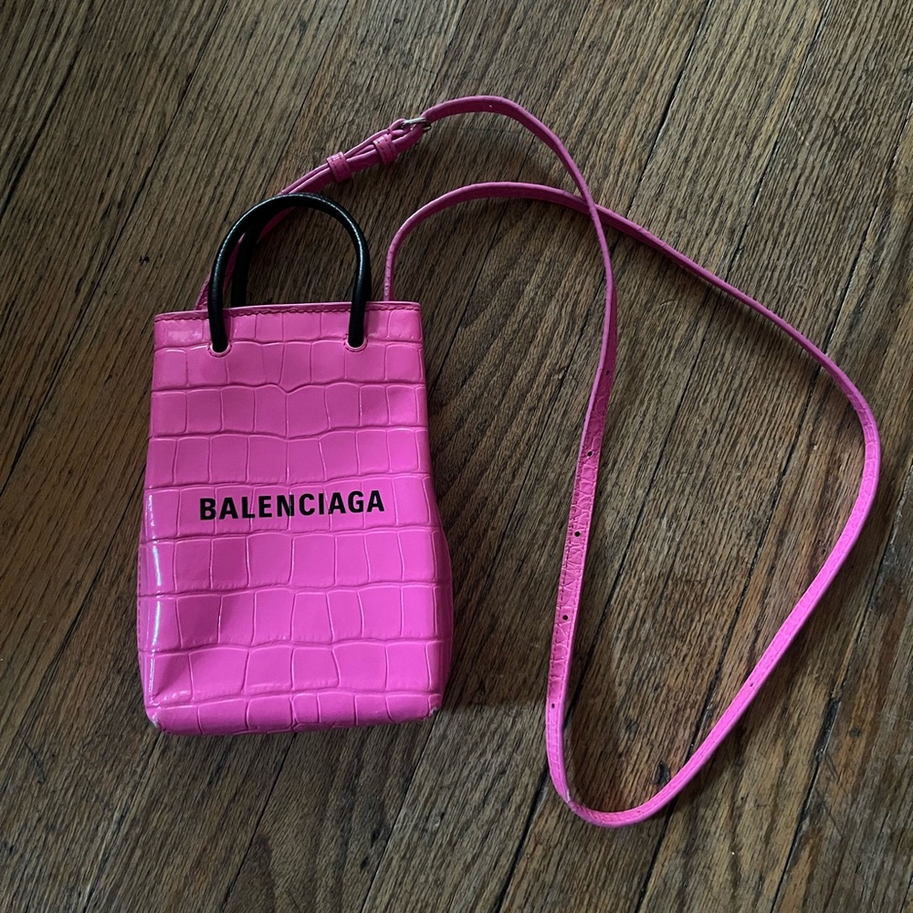 Pink Balenciaga mini croc leather cross body bag